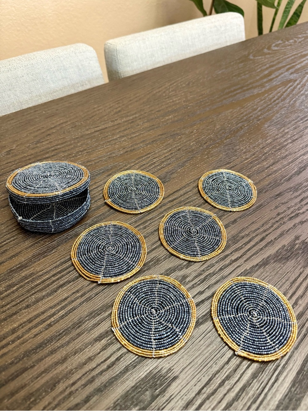 NWOT Handmade Kenyan Black & Gold Beaded Coasters Set of 6 with Storage Box